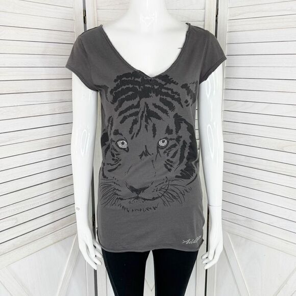 Bebe Addiction Vintage Tiger Face Cage Back Tee Shirt Grey Small Rhinestone - Picture 1 of 13